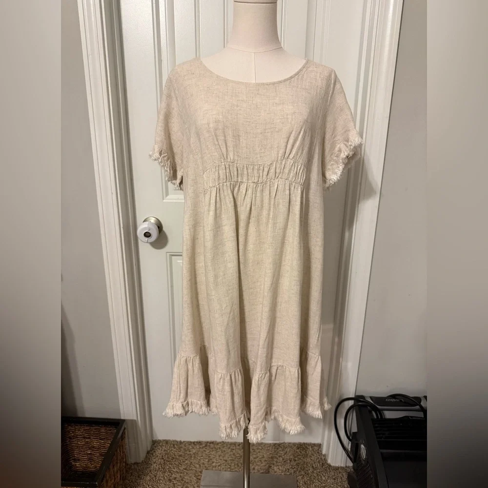 Umgee Linen Short Sleeve Dress with Fringe Details - Picture 1 of 14